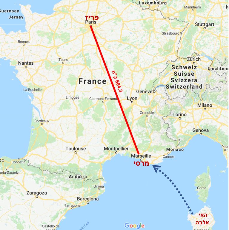 מפת מסלול נפוליאון מהאי אלבה לפריז
